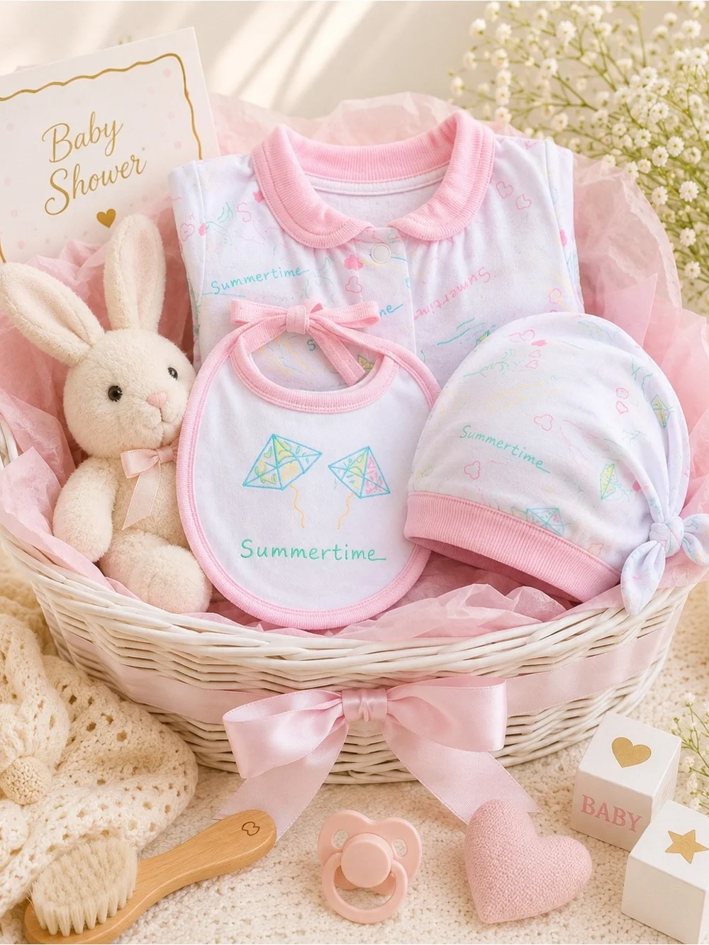 HAPPY KIDS Summer Beach Outfit 3 Pc Bubble Romper Bib Hat Baby Girl 6-9 Months